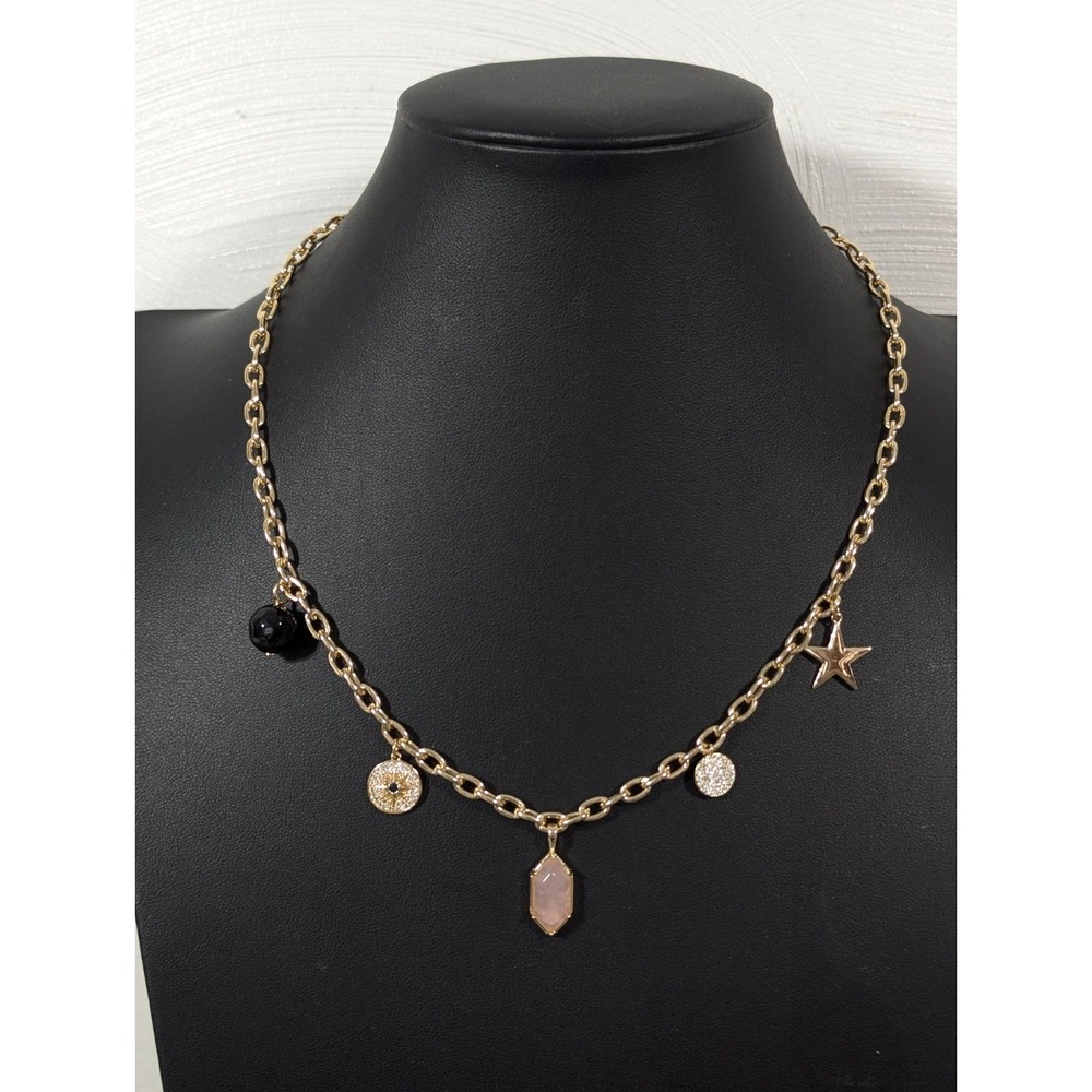 JCM Brass Retro Pink Stone Star Compass Charm Necklace Gold Tone 20‎ in